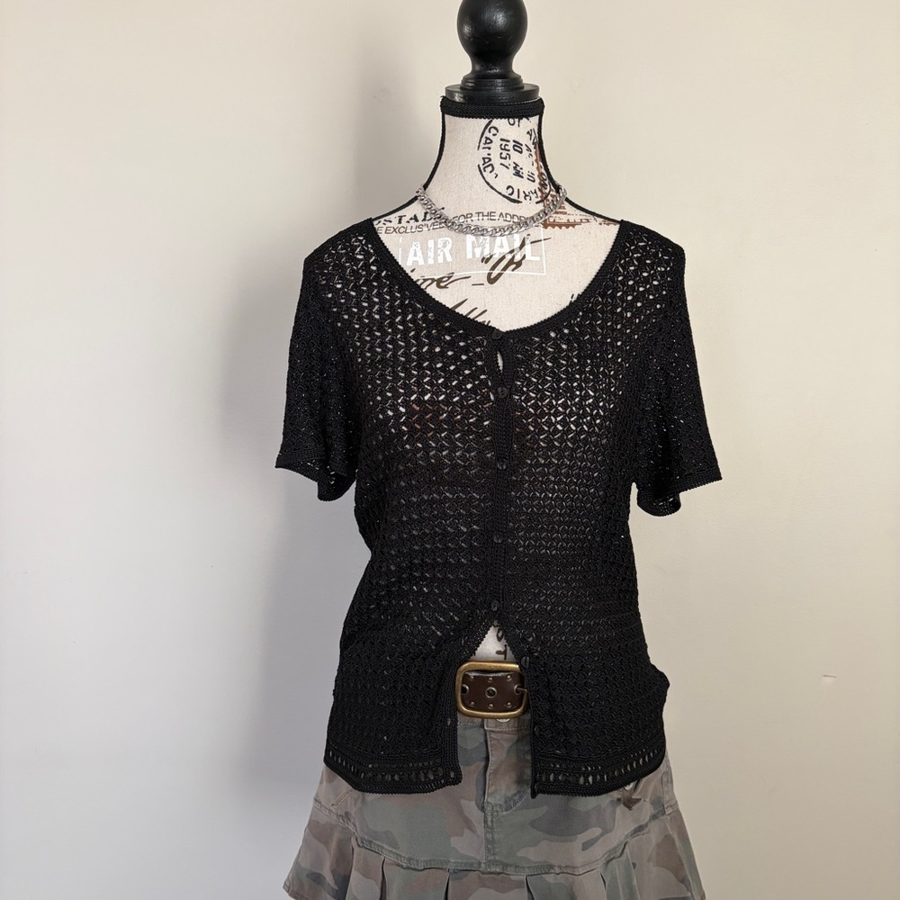 Y2K cottage core black crochet button up cardigan top